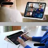 A split image showing two scenarios of using an iPad with a stylus. The top shows a video conference call, and the bottom shows someone using the iPad for data analysis. Produktbild-Vorschau