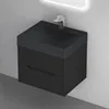 A black wall-mounted vanity unit with a sink and faucet against a light gray wall. Produktbild-Vorschau
