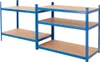 Two connected shelving units with blue metal frames and brown MDF shelves, shown against a white background. Náhled obrázku produktu
