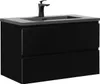 A black bathroom vanity with a gray countertop and a black faucet. Produktbild-Vorschau