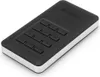 A black external hard drive with a silver trim and a keypad on top, placed on a white background. Produktbild-Vorschau