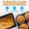 A baking pan with bread and muffins, with icons and text describing the product's features. Produktbild-Vorschau