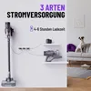 A vacuum cleaner is shown charging on a wall mount, with another part of the vacuum on a shelf. A dog sits on a couch in the background. Produktbild-Vorschau