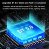 A close-up of a blue, glowing chip with 'BT 5.0' written on it, set against a dark, circuit-board-like background. Text above describes the benefits of BT 5.0 technology. Podgląd zdjęcia produktu