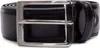 A close-up of a black leather belt with a silver buckle. Produktbild-Vorschau