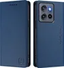 A blue flip wallet case for a smartphone, shown from the front and back. Produktbild-Vorschau