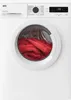 A front view of a white AEG washing machine with a load of red towels inside the drum. Produktbild-Vorschau