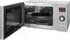An open stainless steel microwave oven with a glass door and a turntable inside. Produktbild-Vorschau