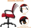 A red office chair with black accents is shown from the side. The image includes text and close-up diagrams highlighting the chair's features. Produktbild-Vorschau