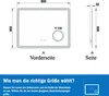 Diagrams showing the dimensions of a mirror, with text in German explaining how to choose the right size. Produktbild-Vorschau
