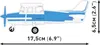 A side view of a blue and white toy airplane with dimensions indicated. Produktbild-Vorschau