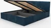 A dark blue upholstered bed frame with the mattress support lifted to reveal the storage compartment underneath. Náhľad obrázku produktu
