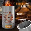 A fire pit with text and dimensions shown, set against a blurred background of an outdoor seating area. Produktbild-Vorschau