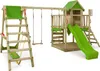 A wooden playground set with green accents, including a slide, swings, and a small playhouse, set against a white background. Produktbild-Vorschau