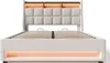A beige upholstered bed frame with integrated LED lighting. Náhled obrázku produktu
