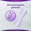 A sanitary pad is shown next to a circular icon with a water drop and a checkmark, indicating dermatological testing. Produktbild-Vorschau