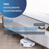 A robot vacuum cleaner is shown cleaning under a cabinet, with speech bubbles indicating voice commands and responses. Voir les images du produit