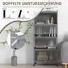A tall, gray storage cabinet with clear doors, shown in a room setting with a plant and a sofa. The image includes a close-up detail of a safety mechanism and a graphic illustrating its use. Náhled obrázku produktu