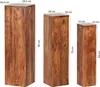 Three wooden pedestals of varying heights are shown side-by-side with dimensions indicated. Produktbild-Vorschau