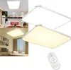 A collage of images showing a modern LED ceiling light in different settings and with a remote control. Produktbild-Vorschau