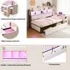 Collage of images showing different features of a bed, including storage compartments, LED lighting, and drawers. Podgląd zdjęcia produktu