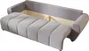 A light gray sofa is shown with its storage compartment open, revealing the interior structure. The sofa is partially extended, suggesting it can be converted into a bed. Voir les images du produit