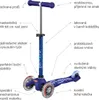 A diagram of a blue three-wheeled scooter with various features labeled in Czech. Produktbild-Vorschau