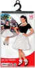 A product image showing a 50s fashion costume on a hanger, with a model wearing the costume and a background scene. Podgląd zdjęcia produktu