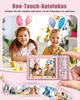 Two children wearing bunny ears are smiling, with a pink digital camera in the foreground. A film strip of various photos is shown at the bottom. Produktbild-Vorschau