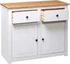 A white sideboard with a wooden top and two drawers, one of which is open. Podgląd zdjęcia produktu
