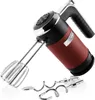 A red and black hand mixer with silver beaters and dough hooks on a white background. Produktbild-Vorschau