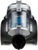 A close-up front view of a black and silver cylinder vacuum cleaner with a clear dustbin showing blue components inside. Anteprima dell’immagine prodotto