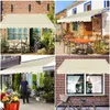 A collage of four images showing awnings in different settings: a storefront, an outdoor cafe, a shop entrance with a man, and a window with a bicycle. Anteprima dell’immagine prodotto