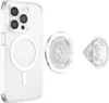 A clear phone case with a magnetic ring and two PopGrip accessories are displayed against a white background. Produktbild-Vorschau