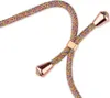A close-up view of a colorful braided cord with rose gold metal accents. Produktbild-Vorschau