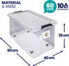 A transparent storage box with dimensions and capacity indicated. Voir les images du produit