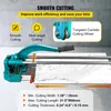 A tile cutter is shown on a marble tile, with marketing text and icons highlighting its features. Voir les images du produit