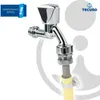 A chrome faucet with a hose adapter and clamp attached. Produktbild-Vorschau