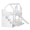 A white wooden bunk bed with a house-shaped frame, a slide, stairs, and drawers. Produktbild-Vorschau