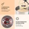 A collage of images showcasing features of a kitchen mixer, including its attachments, a close-up of it mixing batter, and a diagram illustrating its planetary mixing system. Produktbild-Vorschau