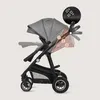 A gray stroller is shown from the side with graphic overlays indicating adjustable features. Produktbild-Vorschau