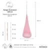 A diagram showing the dimensions and specifications of a pink hanging chair, with a small illustration of a child and a weight limit icon. Produktbild-Vorschau