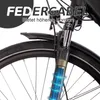 Close-up of an e-bike's front suspension fork with a graphic overlay highlighting its features. Produktbild-Vorschau