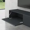 A black TV cabinet with one door open, revealing the interior. The cabinet is mounted on a light gray wall. Voir les images du produit