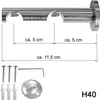 A product shot of a double curtain rod bracket with included hardware and measurements. Produktbild-Vorschau