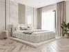 A bedroom with a bed, nightstand, and curtains. Náhled obrázku produktu