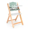 A high-quality studio shot of a wooden high chair with green padding. Náhľad obrázku produktu
