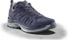 A single blue and gray LOWA Innox Evo 2 GTX shoe is shown from a side-angle on a light gray and white surface. Voir les images du produit