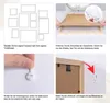 Collage of four images showing how to assemble and hang picture frames. Produktbild-Vorschau