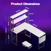 A diagram showing the dimensions of an L-shaped desk with shelves and a storage bin. Náhľad obrázku produktu